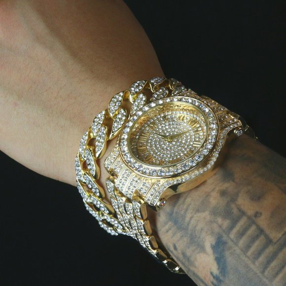 Gold Luxury Watch + Cuban Bracelet